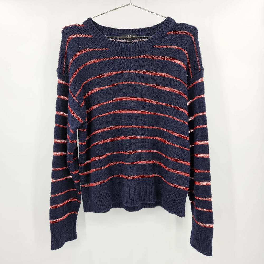 Rag & Bone Penn Sweater Navy Red Stripe Open Knit Large